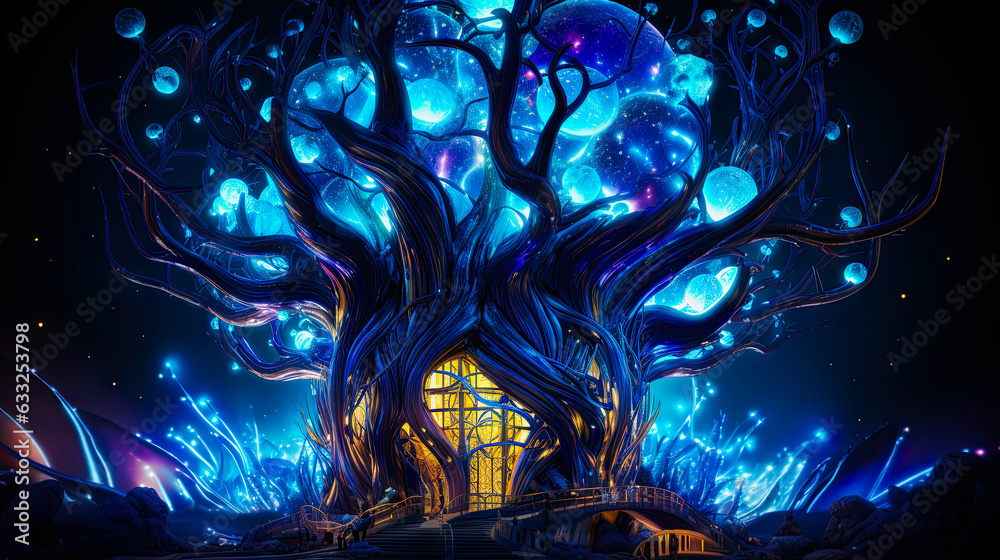 Fantasy tree building architecture lights and blue liquid leaves Fantasy tree building architecture lights and blue liquid leaves