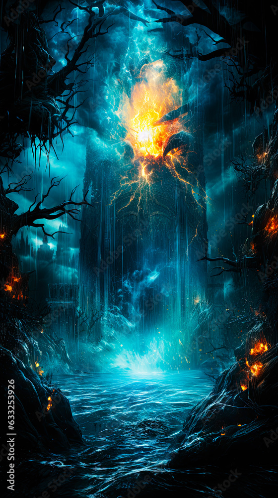 Fantasy landscape waterfall blue rain with fire and storm