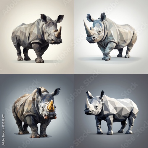 Colourfull rhinoceros is depicted in a low poly style. grey backorund. Generative ai photo