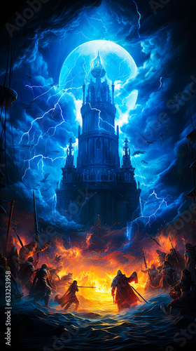 Ancient tower surrounded by storm clouds and lightning  warriors are going through the fire towards the tower