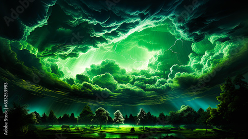 Epic scenery with a giant opening in a storm cloudscape over a green valley with trees