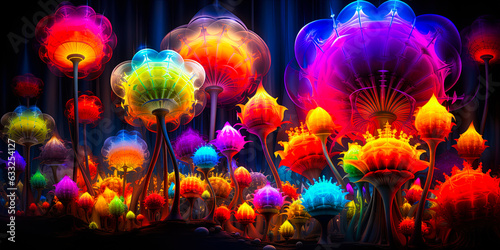 Colorful glowing neon fantasy flowers and plants with a dark background, soft focus background with copyspace for presentation photo