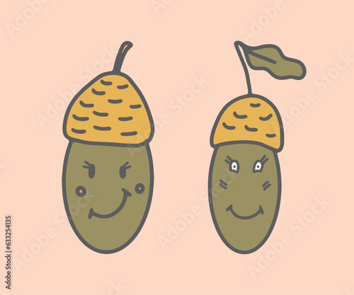 Cute acorn vector illustration set. Hand drawn groovy autumn elements with eyes and smile. Trendy positive trippy fall character design isolated on muted pink background. Retro 70s good vibes graphic