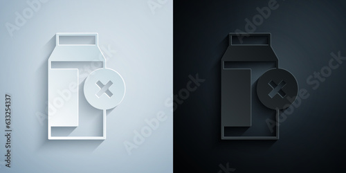 Paper cut Lactose intolerance icon isolated on grey and black background. Not allow milk. Allergy concept, lactose intolerance allergy warning sign. Paper art style. Vector