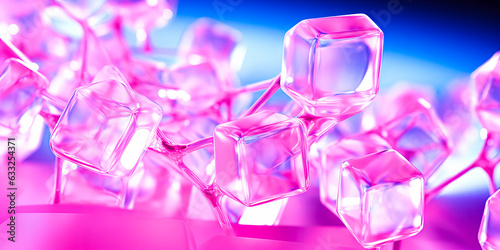 Pink ice cubes with reflection, soft focus background with copyspace for presentation