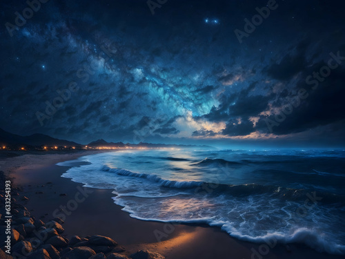 A stunningly detailed star-filled night sky, with the stars twinkling over the sea 
