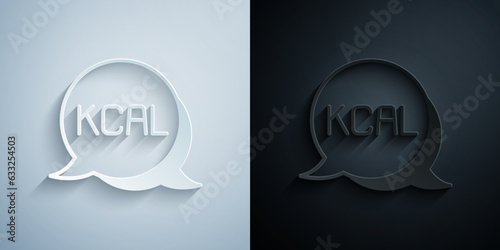 Paper cut Kcal icon isolated on isolated on grey and black background. Health food. Paper art style. Vector