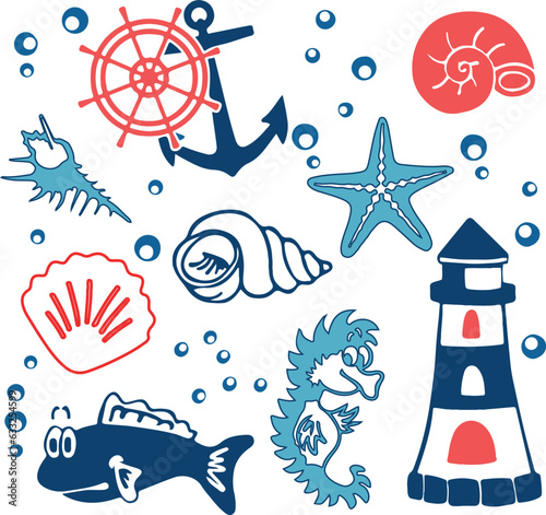 beautiful, unusual, unique nautical pattern in red and blue on a white background, with anchors, shells, starfish, lighthouse, seahorse, lovely background for design