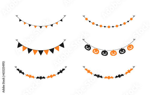 Cute Halloween Garland Bunting Set with Jack O Lantern, Pumpkins and Bats. Simple banner hanging party classy decor vector element.