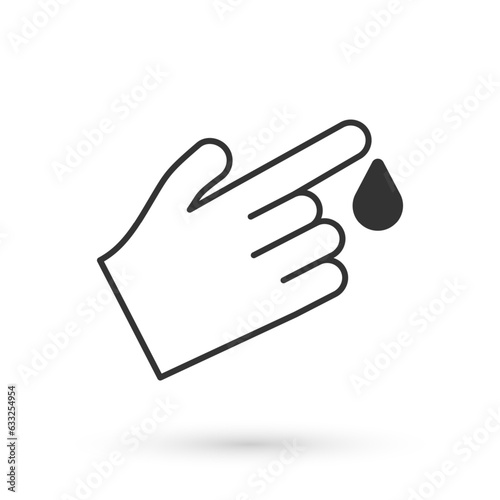 Grey Hand finger with blood drops icon isolated on isolated on white background. Diabetes, sugar blood. Vector