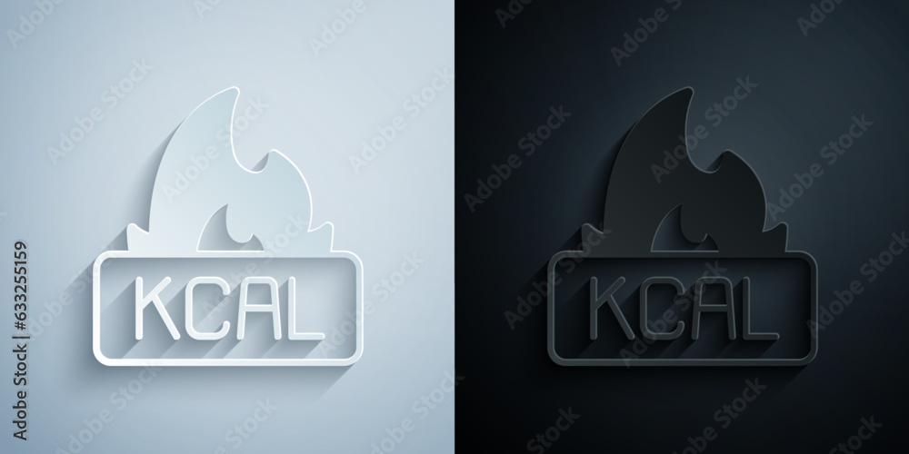 Paper cut Kcal icon isolated on isolated on grey and black background. Health food. Paper art style. Vector Paper cut Kcal icon isolated on isolated on grey and black background. Health food. Paper art style. Vector