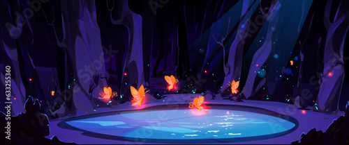 Fireflies on swamp in forest cartoon vector illustration. Magic glowing butterflies flying under water lake surrounded by trees and plants. Purple fantasy background with luminescent glowworm.