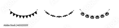 Cute Halloween Garland Bunting Silhouette Set with Jack O Lantern, Pumpkins and Bats. Simple banner hanging party classy decor vector element.