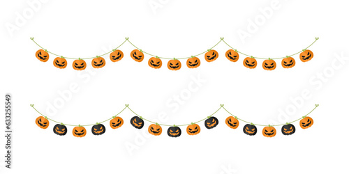 Cute Jack O Lantern Evil Pumpkin Garland Set for Halloween. Simple banner hanging party classy decor vector element.