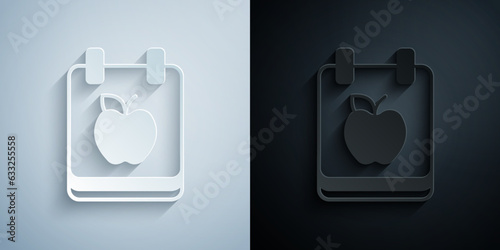 Paper cut Diet plan icon isolated on isolated on grey and black background. Concept of fitness marathon, proper nutrition, healthy food, beautiful body, vegetables, slimming. Paper art style. Vector