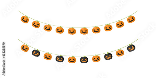 Cute Jack O Lantern Evil Pumpkin Garland Set for Halloween. Simple banner hanging party classy decor vector element.