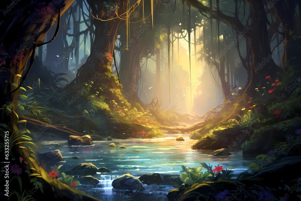 Fantasy Pathway Through A Dense Forest.Moonlight shines.Fantasy Backdrop Concept Art Realistic Illustration Video Game Background Digital Painting CG Artwork Scenery Artwork Serious Book Illustration. Fantasy Pathway Through A Dense Forest.Moonlight shines.Fantasy Backdrop Concept Art Realistic Illustration Video Game Background Digital Painting CG Artwork Scenery Artwork Serious Book Illustration.