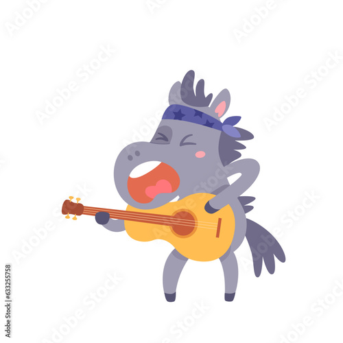 Donkey playing guitar, cute animal holding acoustic musical instrument to play rock music