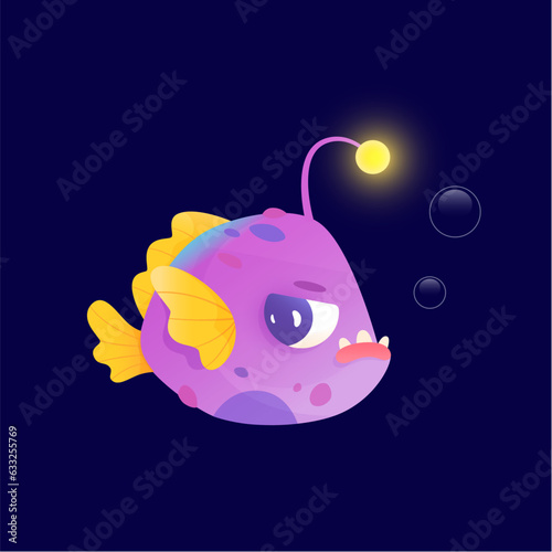 Angler fish, scary deep water creature with light, ugly angry character from sea bottom