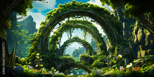 Majestic green overgrown arches over a path to another world