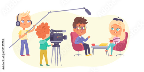 Interview talk show with celebrity and backstage team set vector illustration. Cartoon isolated guest and host sitting in chairs, talking in front of recording video makers crew in television studio