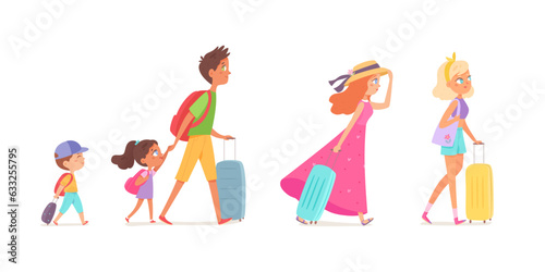 People with suitcases travel set, tourist characters with bags and backpack walk