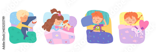 Kids sleep set vector illustration. Cartoon isolated home beds with baby boys and girls sleeping in bedtime on pillow under comfortable blanket, asleep little children lying with toys in bedroom