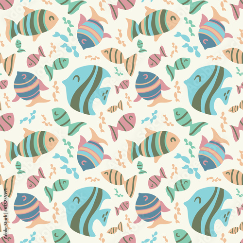Cute fish in pastel blue, yellow and pink colors on a beige background. Children's seamless vector pattern in flat style. Illustration with underwater marine life for kids, wallpaper, fabric, textile