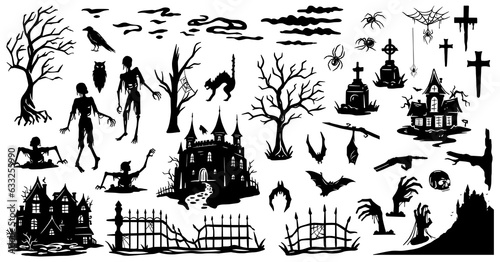 Fototapet Halloween set of elements with zombie, skeleton hands, bat, cat and tree