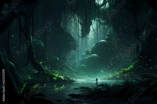 Fantasy Pathway Through A Dense Forest.Moonlight shines.Fantasy Backdrop Concept Art Realistic Illustration Video Game Background Digital Painting CG Artwork Scenery Artwork Serious Book Illustration.
