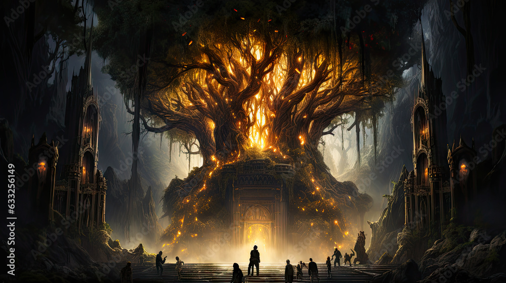 Burning offer tree with a portal to another dimension, surrounded by mist, fire, figures standing in front