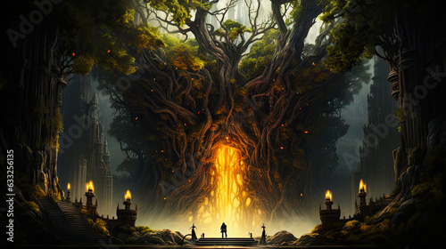 Burning offer tree with a portal to another dimension, surrounded by mist, fire, figures standing in front