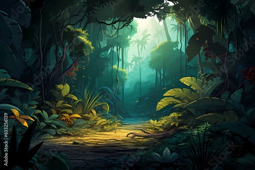 Fantasy Pathway Through A Dense Forest.Moonlight shines.Fantasy Backdrop Concept Art Realistic Illustration Video Game Background Digital Painting CG Artwork Scenery Artwork Serious Book Illustration.