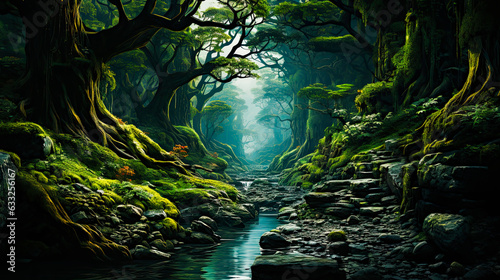 Beautiful river in the middle of a dense paradise forest  blue water  misty atmosphere
