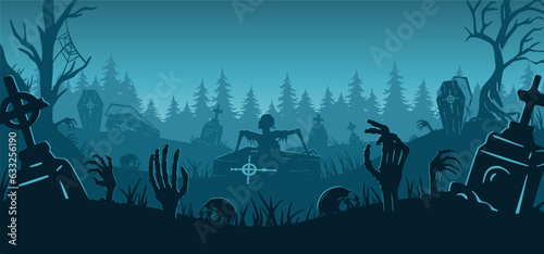 Halloween background with zombie and skeleton hand, cemetery for holiday poster. Creepy and mystical background with cross, grave, tombstone and dead man for dark fear october design