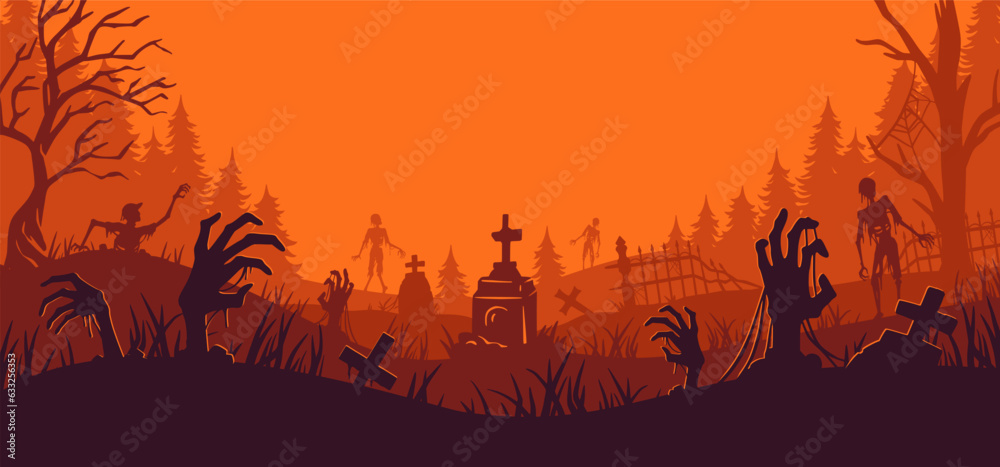Halloween background with zombie hand and skeleton hand, cemetery for holiday poster. Creepy and mystical background with cross, grave, tombstone and dead man for dark fear october design
