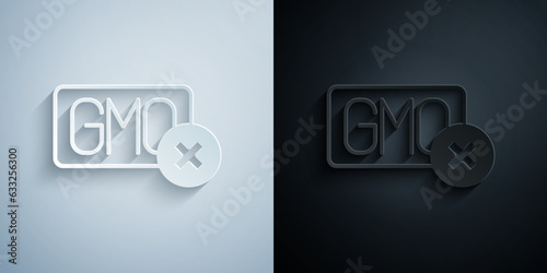Paper cut No GMO icon isolated on grey and black background. Genetically modified organism acronym. Dna food modification. Paper art style. Vector