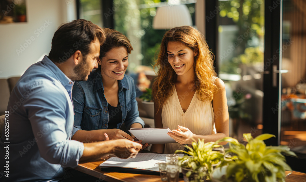 Female Real Estate Agent Offers Home Ownership and Life Insurance to Young Couple Female Real Estate Agent Offers Home Ownership and Life Insurance to Young Couple