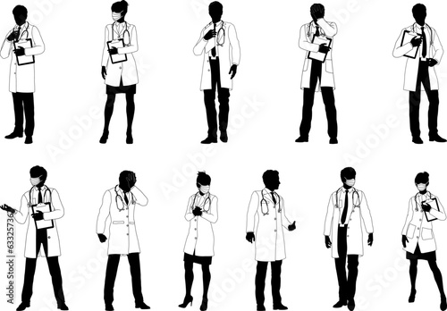 Silhouette doctor men and women medical healthcare people in lab coats. Some holding a clipboard or wearing PPE masks.