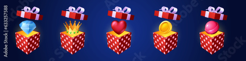 Casino game open gift box with bonus money coin, gold crown, diamond and lollipop trophy. Giveaway lottery present pack with bow for gui online app. Mystery heart loot and candy asset for winner