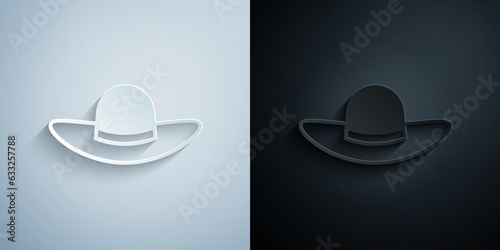 Paper cut Elegant women hat icon isolated on grey and black background. Paper art style. Vector