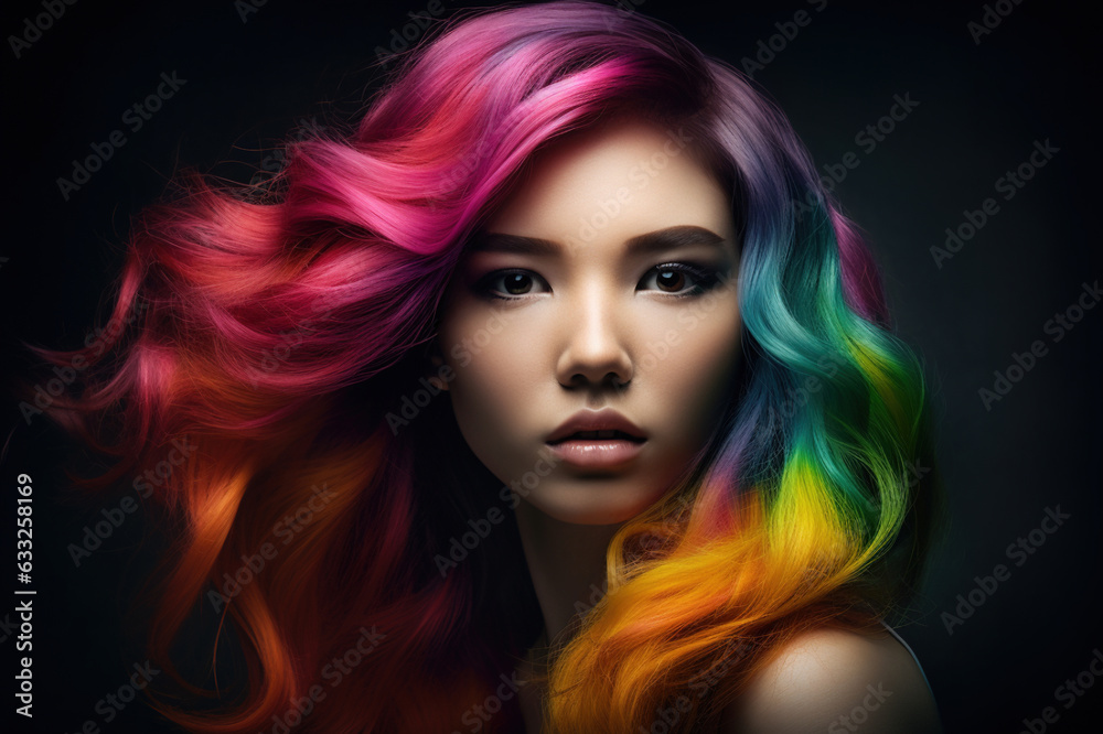 Beautiful woman with colorful hair and makeup. Beautiful face.GENERATION Ai