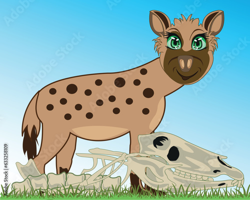 Wildlife hyena beside skeleton and bones animal