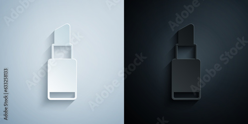 Paper cut Lipstick icon isolated on grey and black background. 8 March. International Happy Women Day. Paper art style. Vector