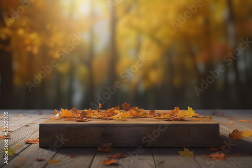 empty wooden tabletop podium in open garden forest, blurred background of autumn plants with space. organic product present natural placement pedestal display, autumn concept. Generative AI © inna717