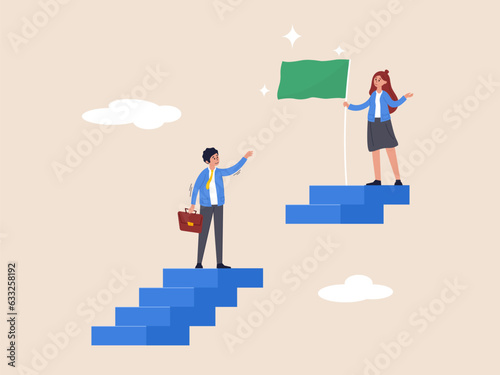 Competence or career problem. Skill gap, employee difficulty or difference knowledge. Talent obstacle or opportunity challenge concept, business people climb up stair to find sill gap to reach goal.