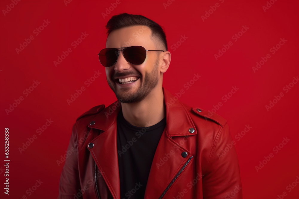 Fototapeta premium stylish portrait.Handsome young man in a leather jacket and sunglasses on a red background. Generative AI