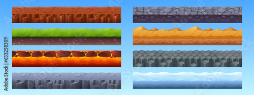 Game seamless ground texture layer cartoon vector. Grass land, desert surface, gravel pattern, ice floor and lava formation environment illustration set for mobile app. Underground stone ui path