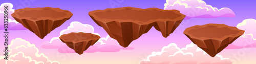 Land island floating in pink sky game vector illustration. Cartoon level with empty ground platform to jump in 2d mobile videogame environment. Fantasy terrain with rock stage and purple cloud scene