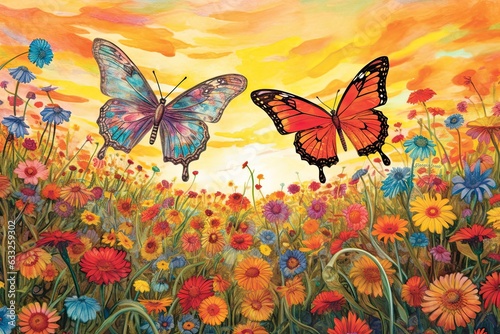 Graceful Butterflies Amidst a Field of Wildflowers: A Rainbow of Wings, generative AI © Trista